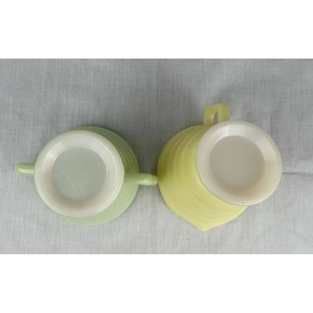 MCM Hazel Atlas Cream & Sugar Bowl Set Moderntone Pastel Platonite Yellow Green